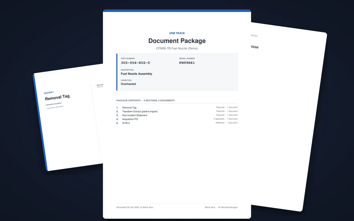 Sample USM Trace Document Package: cover page with part number, serial number, and contents index, fanned over a section divider and an FAA 8130-3 release page.